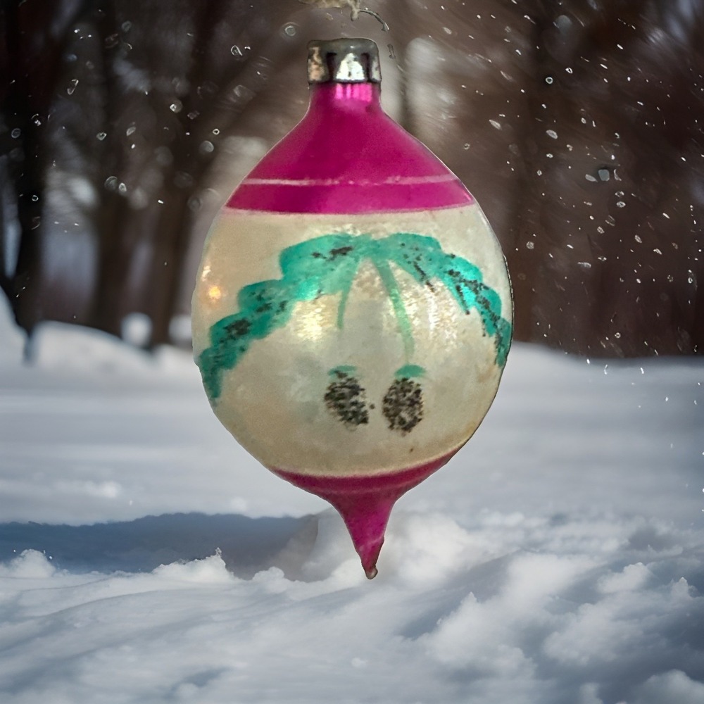 Christmas Ornament Blown Glass Pine Boughs Pink Silver Blown Fantasia VTG